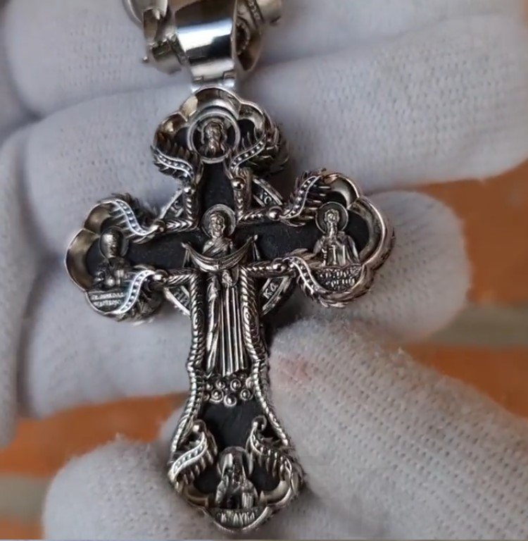 крест «распятие, покров божией матери, николай чудотворец, лука крымский, сергий радонежский», серебро 925 проба эбен (арт. кэ018а)