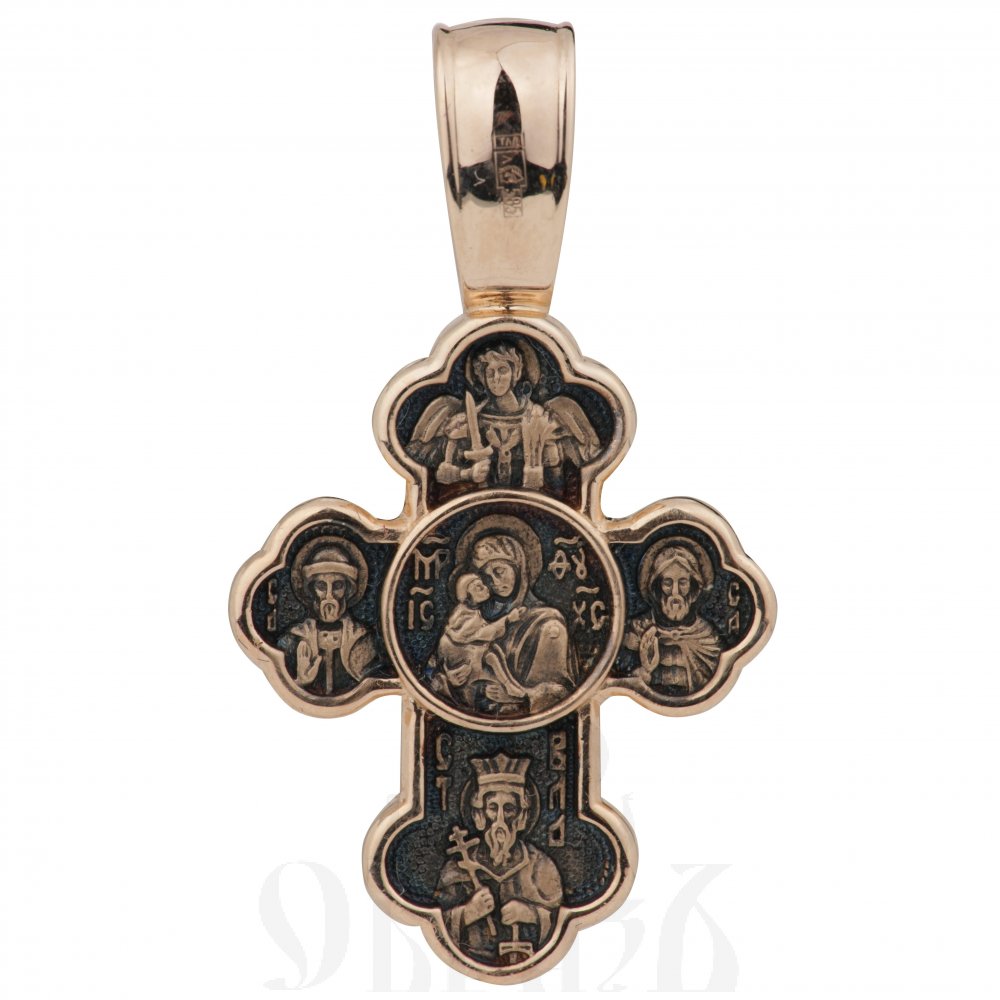 золотой крест трилистник с образами божией матери донская и святых защитников, 585 проба красного цвета (арт. 40312)